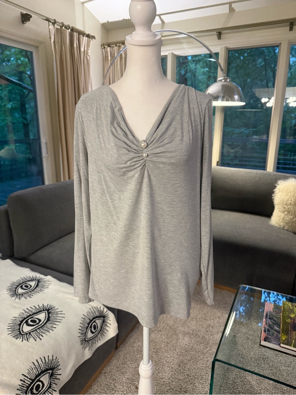 Insight Gray Gathered V-Neck Long Sleeve Top